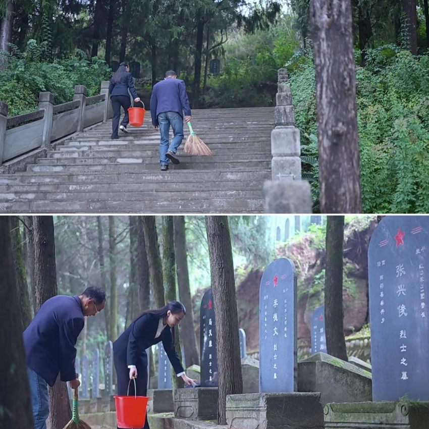 馮煉和父親為紅軍烈士掃墓。四川省軍區(qū)供圖